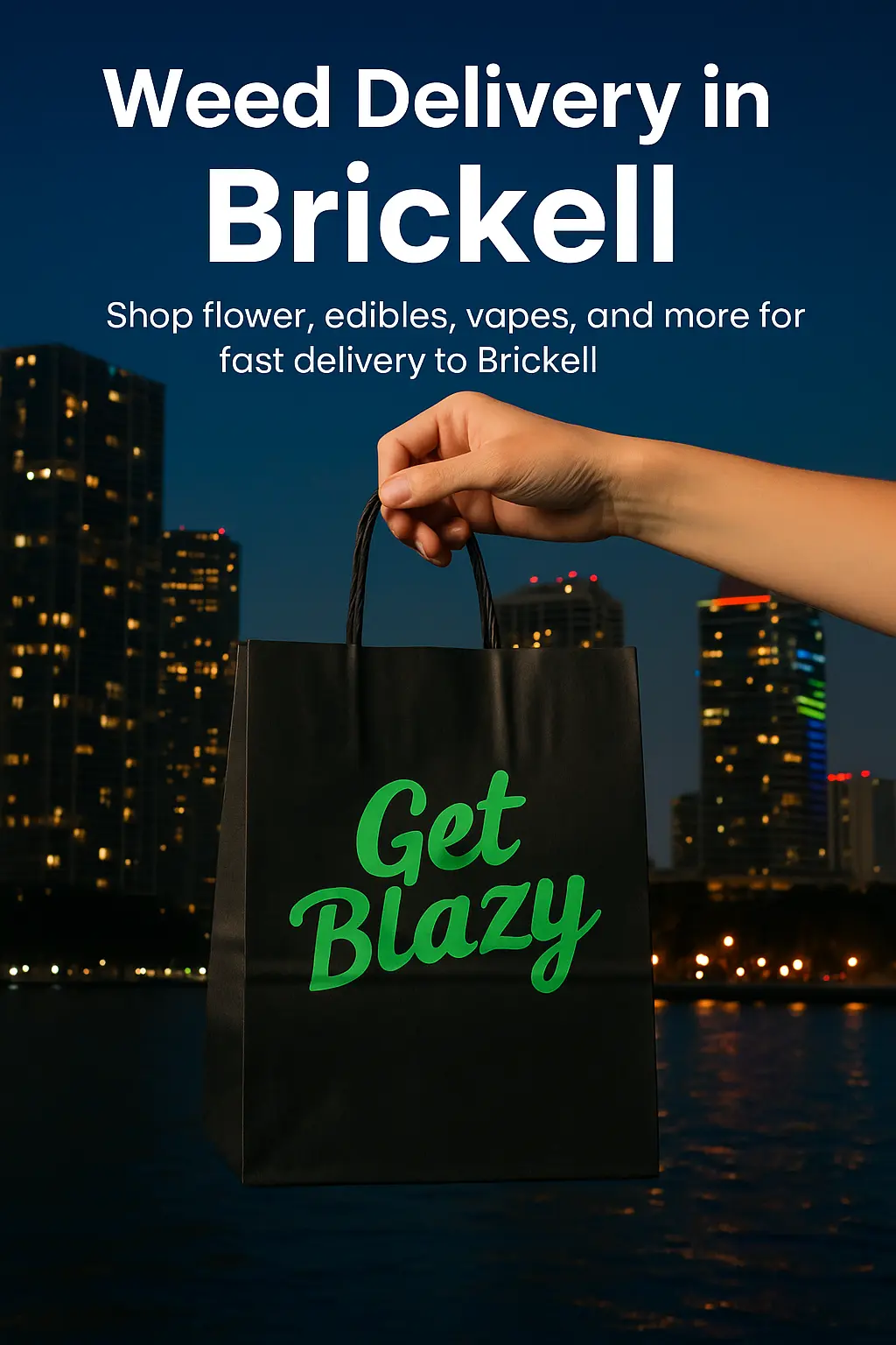 Brickell high-rise delivery — black Get Blazy bag in lobby